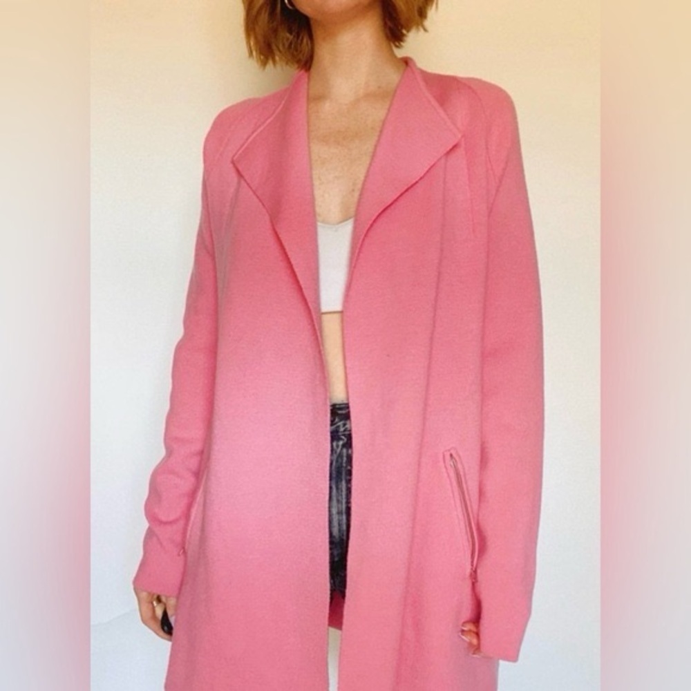Talbots Merino Wool Longline Open Knit Sweater Cardigan Blazer Bubblegum Pink-L